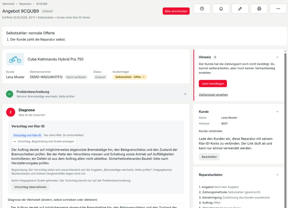 Klar-ID Werkstatt, Reparatur im Schritt «Diagnose» mit «Vorschlag von Klar-ID», Begründung, Quellenhinweis und «Vorschlag übernehmen» (Demo-Konto)