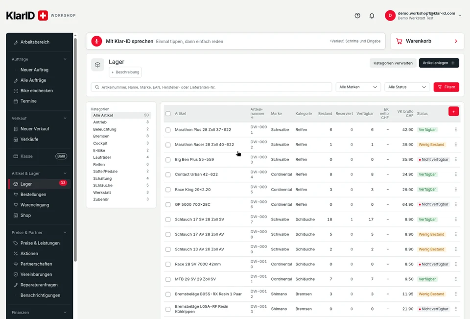 Klar-ID Werkstatt, Ansicht «Lager» mit Kategorien, Artikelliste, Bestand, Reserviert, Verfügbar und Preisen (Demo-Konto)