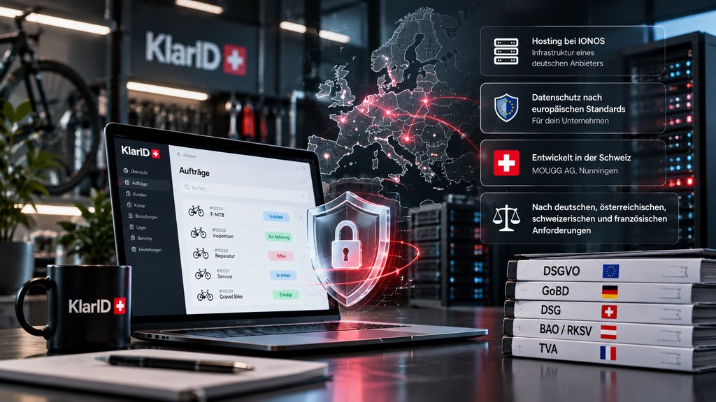 Illustration: Laptop mit Klar ID, Europakarte, Schutzschild und Gesetzesordner